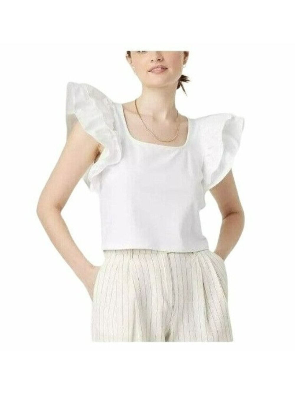 ⭐Womens Crop Top blouse Double Flutter Short Sleeve L Slim Fit White Cotton New